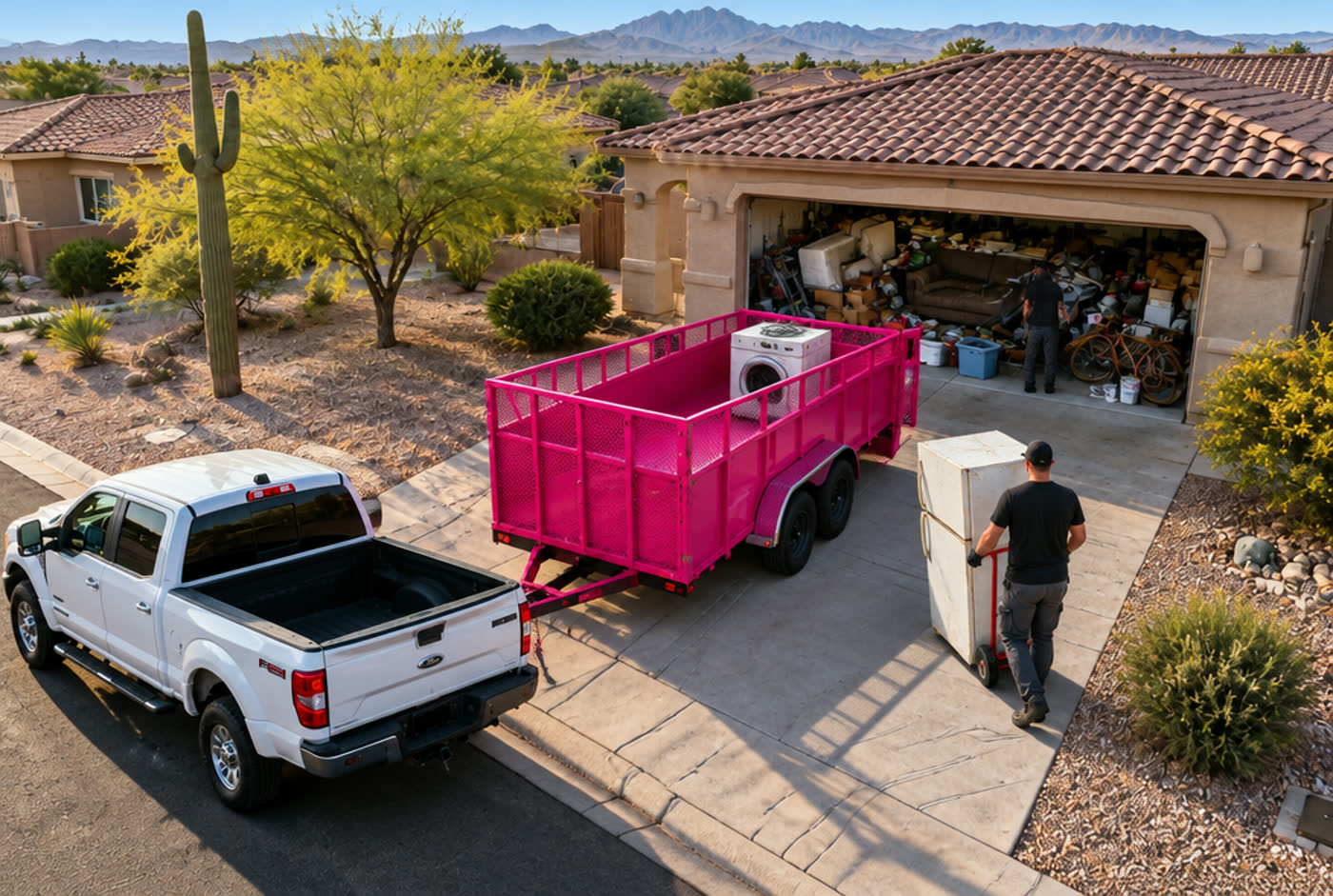 Worker wheeling an old refrigerator down a driveway toward the Pinkies trailer