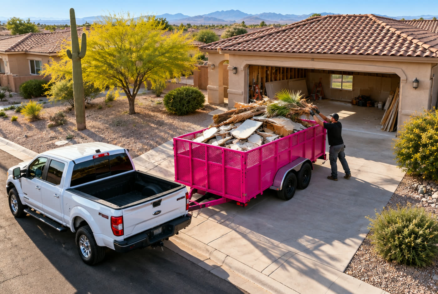 Pinkies trailer loaded with drywall, cabinets and palm fronds outside a remodel