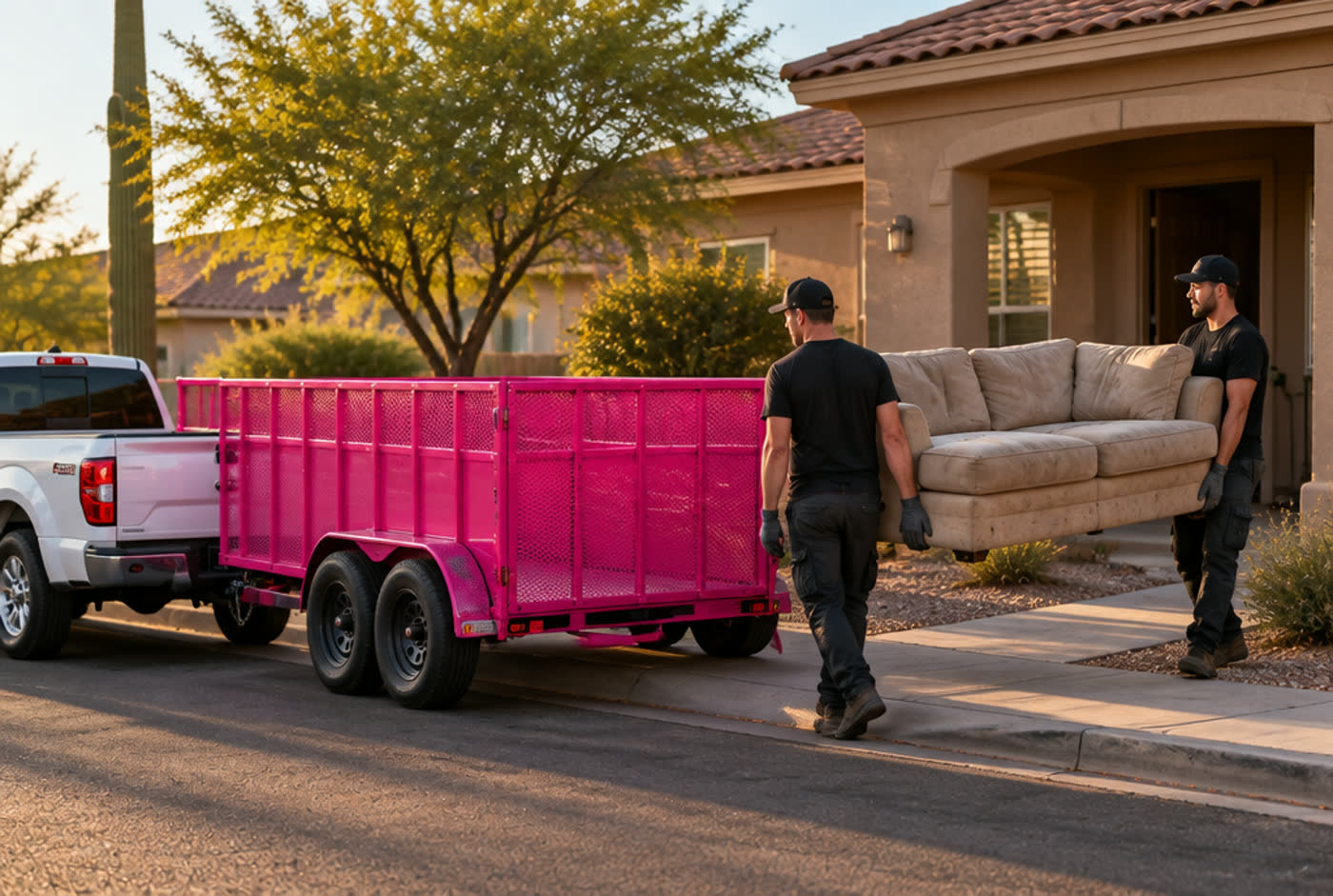Pinkies crew carrying a sectional sofa to the pink dump trailer
