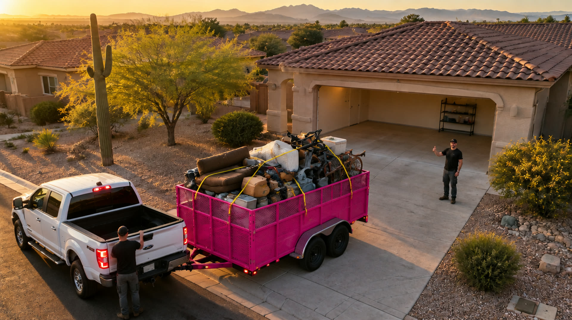 A swept, empty garage with the loaded Pinkies trailer in the driveway