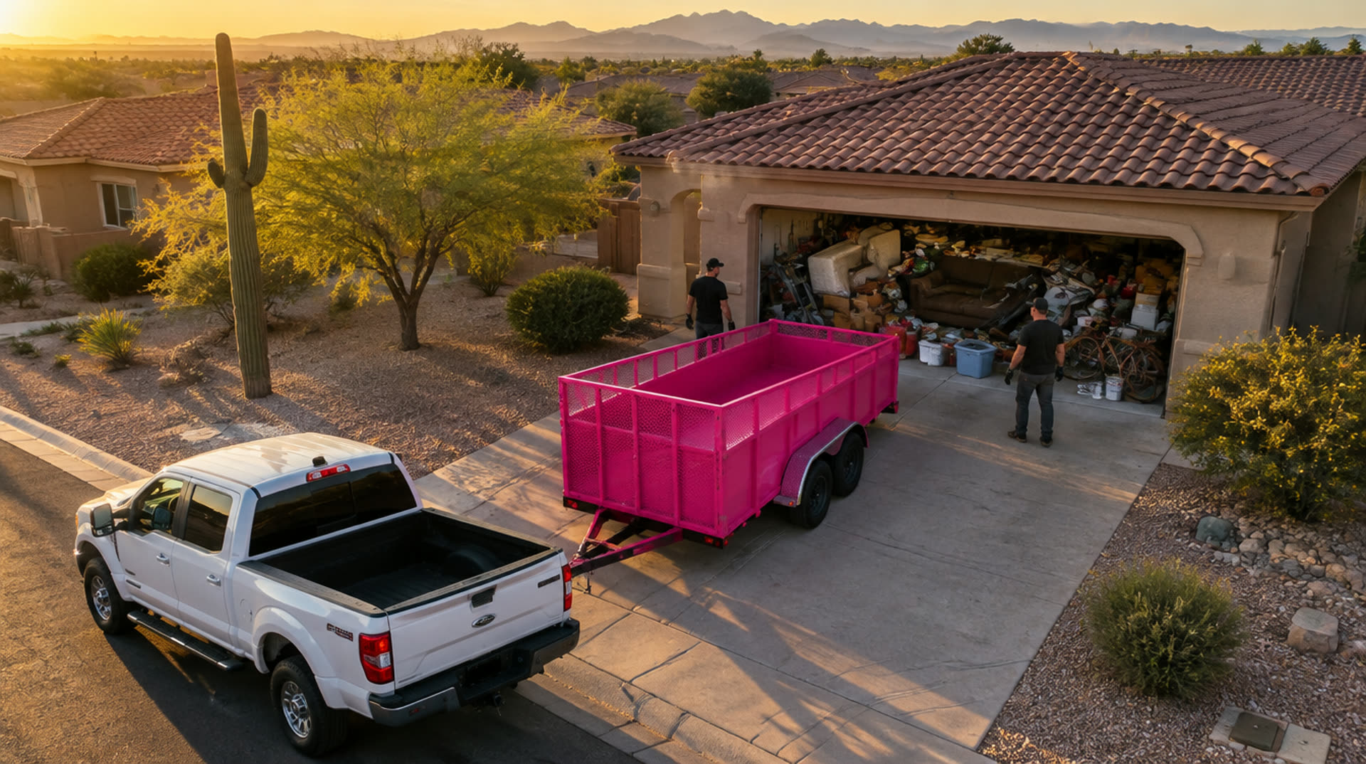 A two-car garage packed with furniture, boxes and a treadmill before a cleanout