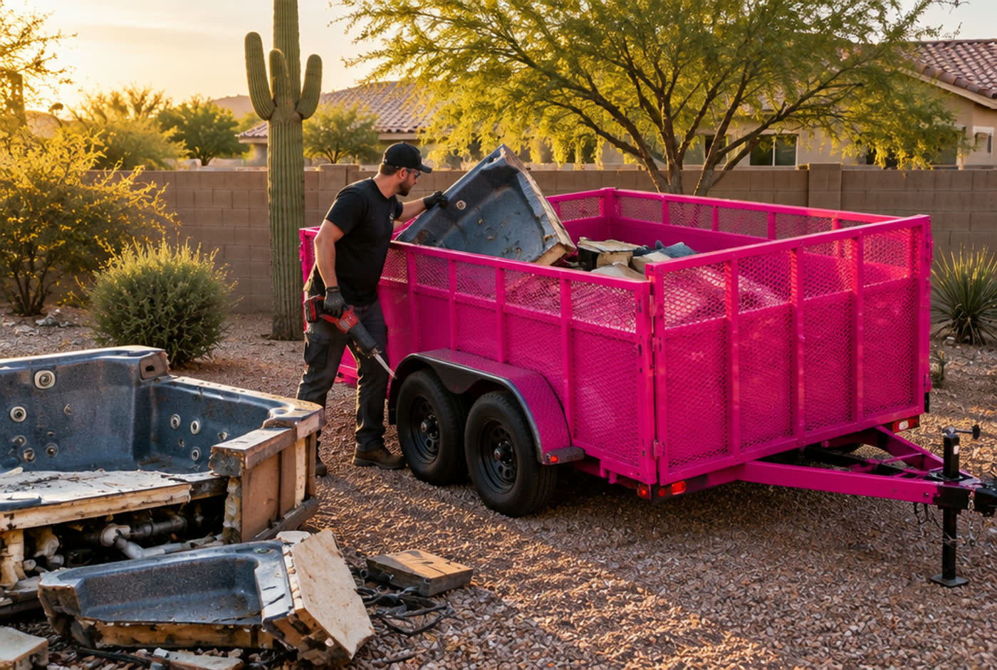 Worker cutting an old hot tub into sections beside the pink trailer in a backyard