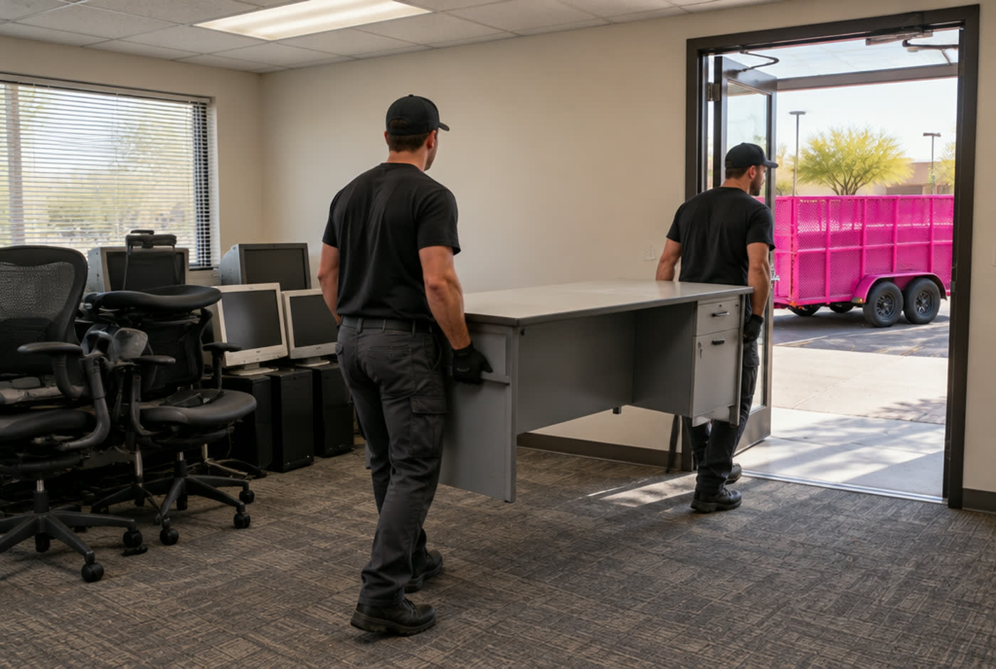 Two workers carrying a desk out of an office with the pink trailer parked outside