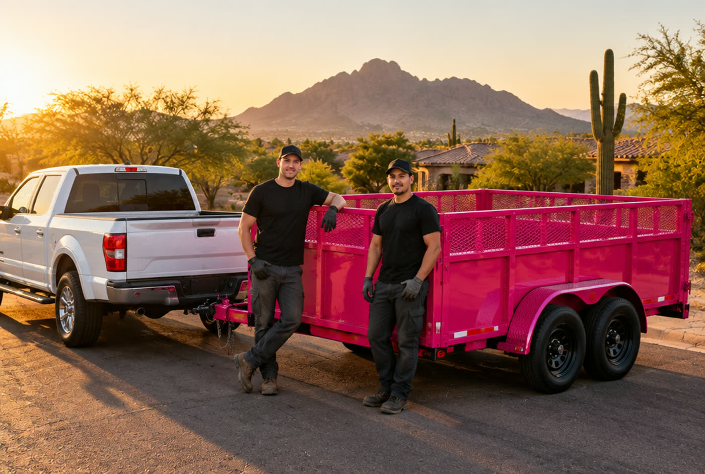 Pinkies crew with the bright pink dump trailer at a Valley home